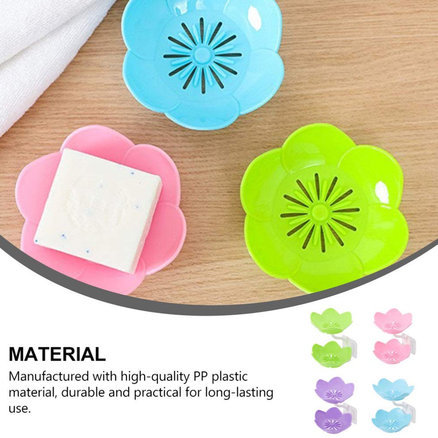 Self-draining soap dish with flower design for effective soap storage in the bathroom. Self-draining soap dish with flower design for effective soap storage in the bathroom.
